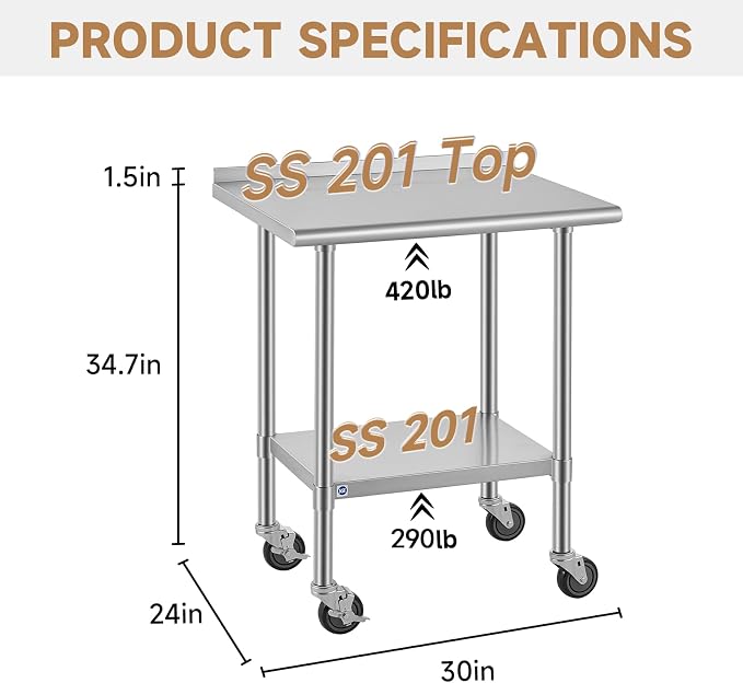 ROCKPOINT All Stainless Steel Prep Table with Caster & Backsplash 24x30 Inch，Commercial Heavy Duty Workbench with Stainless Legs & Adjustable Undershelf,710 lb Capacity for Outdoor Kitchens with Wheel