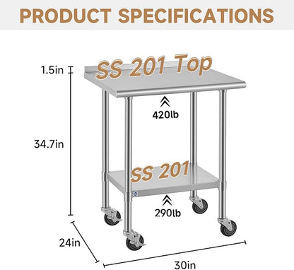 ROCKPOINT All Stainless Steel Prep Table with Caster & Backsplash 24x30 Inch，Commercial Heavy Duty Workbench with Stainless Legs & Adjustable Undershelf,710 lb Capacity for Outdoor Kitchens with Wheel