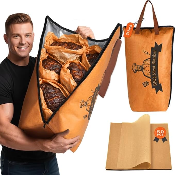 21 Inch BBQ Blanket for Resting Meat, 5-Layer Thicker Insulated Meat Resting Bag, Reusable Brisket Blanket with 50 Greaseproof Paper Aluminum Foil Handle and Zipper for Outdoor Picnic Party Grill