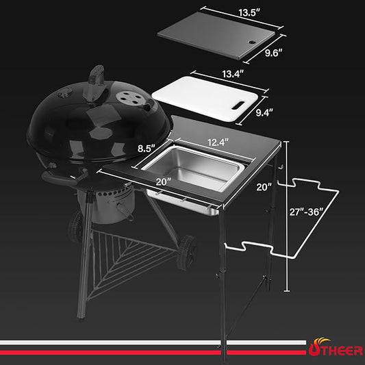 Upgraded Grill Table for Weber Kettle 22"/18"/26", Master Touch 22", Smokey Mountain, Recteq Pellet Grill RT-B380, Prep Station with Cutting Board, Basin, 4 Hooks, Shelf for Weber Kettle Accessories