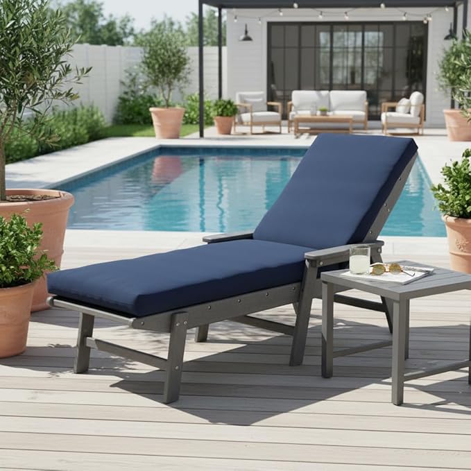 Modern Outdoor Chaise Lounge Cushion with Ties – Durable Polyester Fabric, Channel-Filled Polyfiber Insert, Removable Zippered Cover, Navy