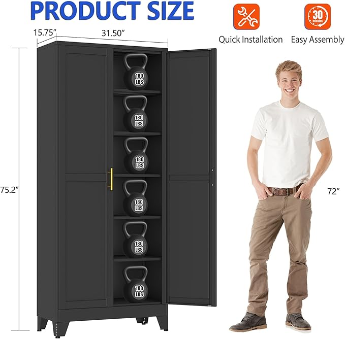 GAIOUS 75''Tall Metal Garage Storage Cabinet,File Cabinet with Door and Adjustable Shelves, Outdoor Steel Tool Cabinet for Home,Office,Warehouse,Garage,Black