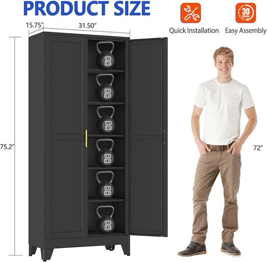 GAIOUS 75''Tall Metal Garage Storage Cabinet,File Cabinet with Door and Adjustable Shelves, Outdoor Steel Tool Cabinet for Home,Office,Warehouse,Garage,Black