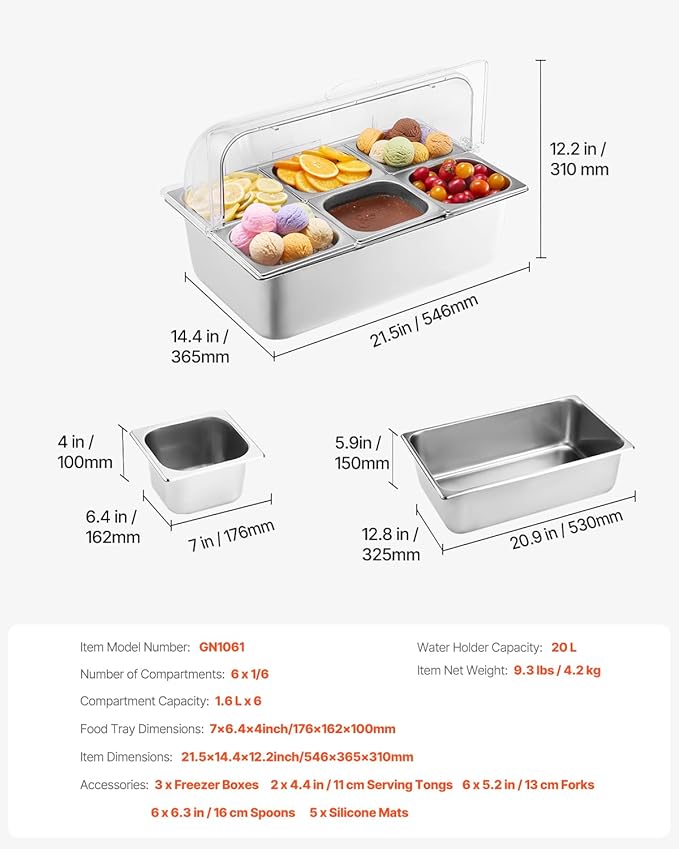 VEVOR Countertop Food Serving Display Container, 6 Pan Stainless Steel Food Serving Tray, Buffet Condiment Dispenser Display Rack with Clear Lid & 3 Freezer Boxes, for Restaurant Hotel Kitchen Party