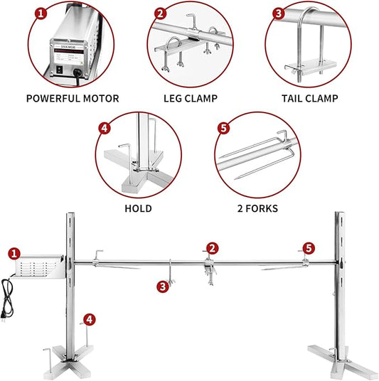 Rotisserie Grill Kit Stainless Steel Tripod Rotisserie Stand, 52inch Pig Lamb Hooded Roaster Charcoal Spit with 30W Motor & Adjustable Height Lockable Casters for Outdoor Camping Party, Rated 150 LB