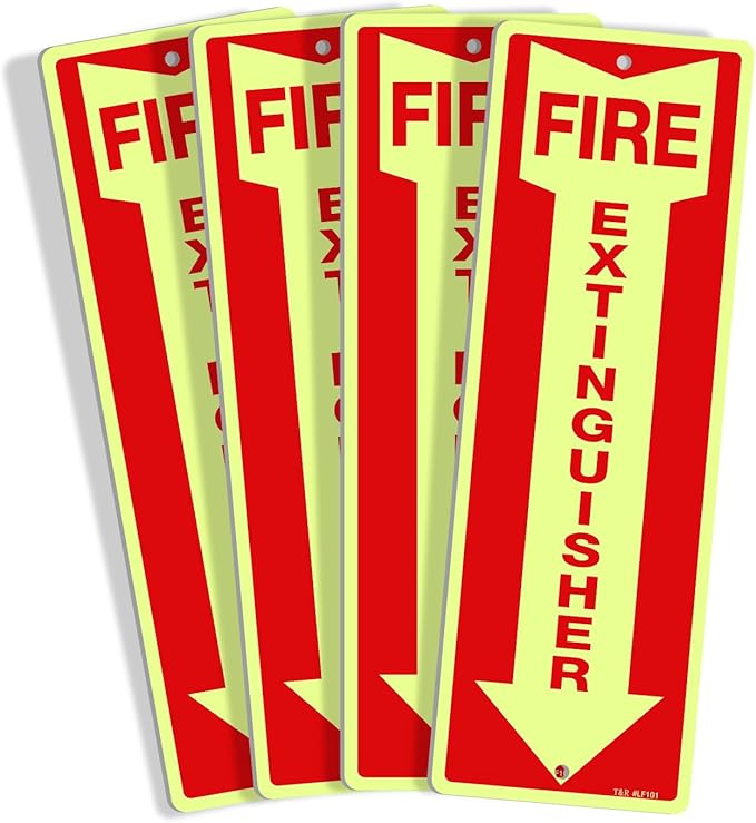 T&R Fire Extinguisher Metal Sign - 4 Pack - 12"x4" .040 Rust Free Heavy Aluminum Glow-In-The-Dark, Waterproof, Weatherproof and Fade Resistant, 2 pre-drilled holes, Easy to Install Indoors and Outdoors