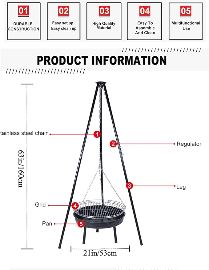 Portable Charcoal Grill for Camping BBQ Grills Outdoor Barbecue Grill with Adjustable Height Tripod Fire Pit and Stainless Steel Net for Campfire Cooking Patio Heater and Pot Rack,A-1