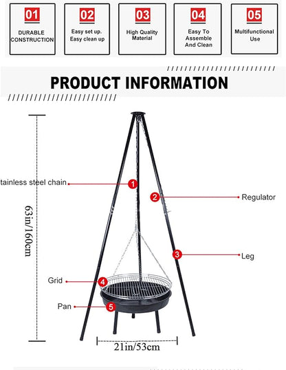 Portable Charcoal Grill for Camping BBQ Grills Outdoor Barbecue Grill with Adjustable Height Tripod Fire Pit and Stainless Steel Net for Campfire Cooking Patio Heater and Pot Rack,A-1