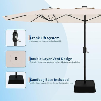 Garvee 15FT Rectangular Outdoor Umbrella Patio Umbrella with Base Included Large Market Umbrellas with Crank Handle UV Protection Table Umbrellas for Outdoor, Backyard, Deck, Poolside, Beige
