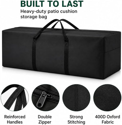 Cushion Storage Bag 420D Waterproof 68" Rectangular Outdoor Patio Cushion Storage Bags — Outdoor Cushions Storage Bag with Zipper and Handles Extra Large Storage Bags 68" L x 29" H x 20" W Black