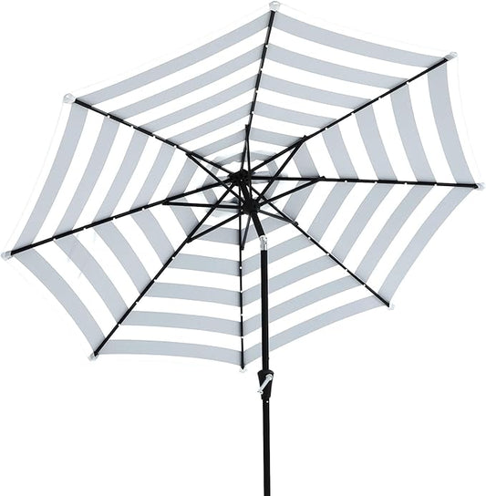 JEAREY 9FT Outdoor Patio Umbrella with Solar Lights, LED Lighted Pool Umbrella with Tilt and Crank, Outdoor Table Umbrellas for Deck, Yard & Market (Black & White Stripe)