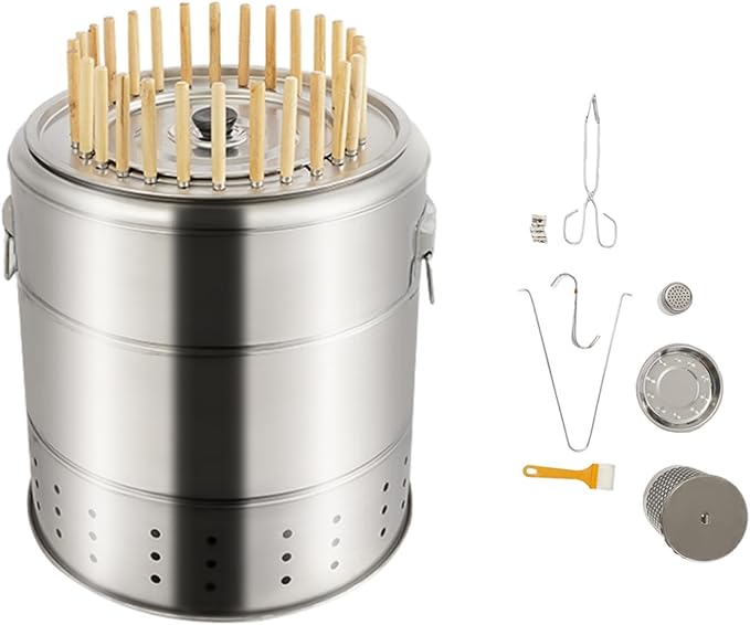 Portable Charcoal Grill, Stainless Steel BBQ Barrel Grill with Grilling Accessories Set, 360° Surround Cooking for Hanging Kebabs, Ideal for Outdoor Camping, Parties & Picnics (28 Skewers)