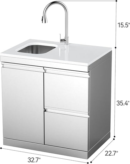 Stainless Steel Sink and Drawer Combo Cabinet, White Quartz Countertop, Single Door with 2 Soft-Close Drawers, Hidden Handle, Pull-Down Faucet, Modular BBQ Island - White