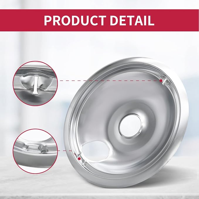 4-Piece Drip Pans Set - Compatible with GE Stoves - Chrome Finish Electric Stove Burner Drip Pans - 3 x 6inch, 1 x 8inch Stove Drip Pans - GE Stove Drip
