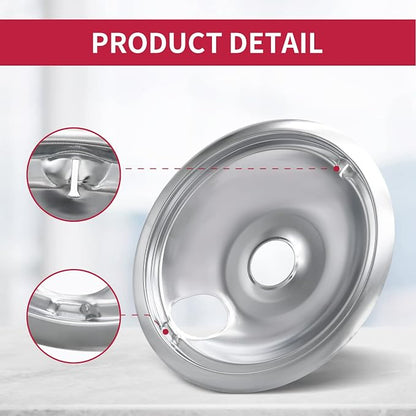 4-Piece Drip Pans Set - Compatible with GE Stoves - Chrome Finish Electric Stove Burner Drip Pans - 3 x 6inch, 1 x 8inch Stove Drip Pans - GE Stove Drip