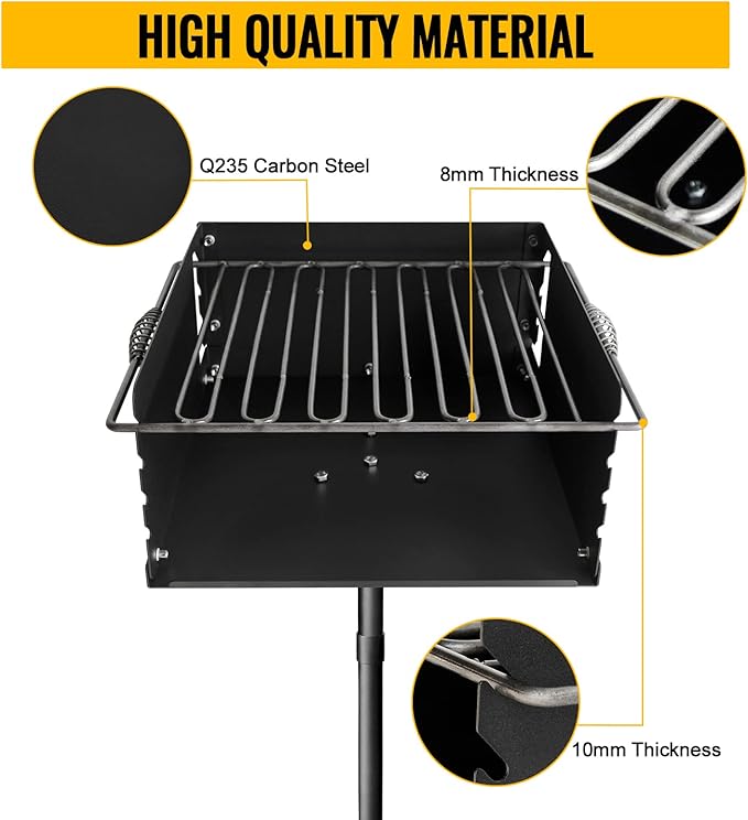 16x16x8 Inch Heavy Duty Steel Park-Style Charcoal Grill, Outdoor BBQ Grill for BBQ, Camping, Backyard