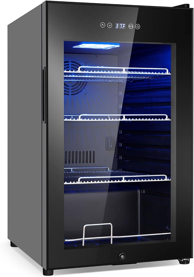 FoMup Beverage Refrigerator 17 inch Wide - 126 Can Beverage Cooler with Glass Door | Counter Top/Freestanding Mini Beverage Beer Fridge | Temperature Memory | Invisible Door | Perfect for Soda, Beer