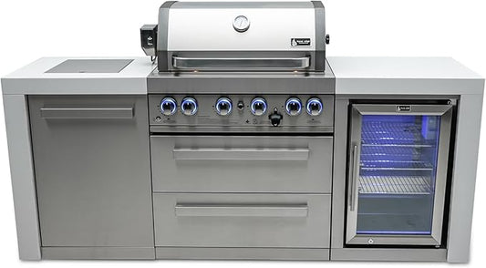 Mont Alpi 82"W x 23"D x 46"H Deluxe Stainless Steel Modular Outdoor Kitchen Island with Refrigerator + 32"W 4-Burner BBQ Gas Grill + Side Burner + Granite Countertops + Storage Cabinets and Drawers