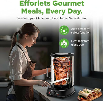 NutriChef Vertical Rotating Shawarma Oven - Rotisserie, Shawarma, & Kebab Machine - Stain-Resistant, Energy-Efficient - Heat-Resistant Door - Includes Kebab Rack with 7 Skewers - Stainless Steel