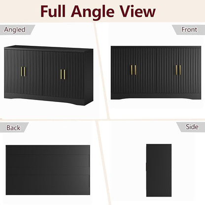 Memobarco 55" Modern Sideboard Buffet Cabinet with Storage, 4 Door Fluted Credenza Table Media Console Cabinet Entryway Cabinets for Living Room Kitchen, Black