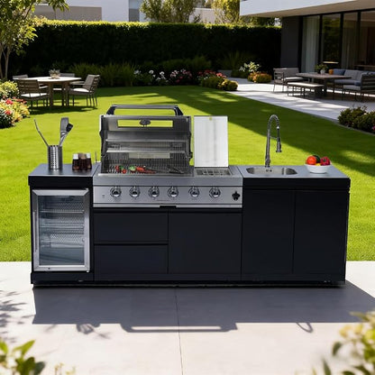 98" 4-Burner 72000 BTU Outdoor Kitchen Island,304 Stainless Steel Modular LPG BBQ Grill Combination With Granite Countertops, Storage Cabinet, Refrigerator and Sink (98"-Black&Sivler, Propane Gas)