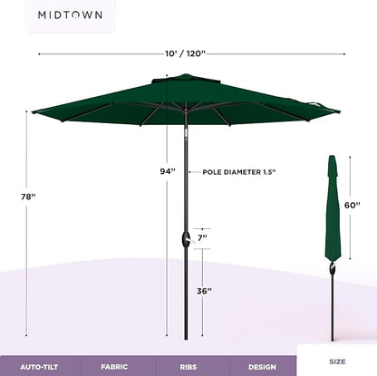 Midtown Umbrellas – The Lean 10 Ft Patio Umbrella with 10-Year-No-Fade Acrylast Acrylic Fabric, Auto-Tilt and 8 Reinforced Ribs for Deck, Pool, Garden, Hotel & Cafes – Forest Reserve Canopy, Black Pole