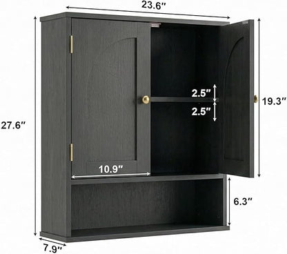 Medicine Cabinet, Over Toilet Storage Cabinet, Bathroom Wall Cabinet with Arched Doors & Adjustable Shelves, Wall Mounted Cabinet with Open Shelf for Bathroom Over Toilet Restroom, Black