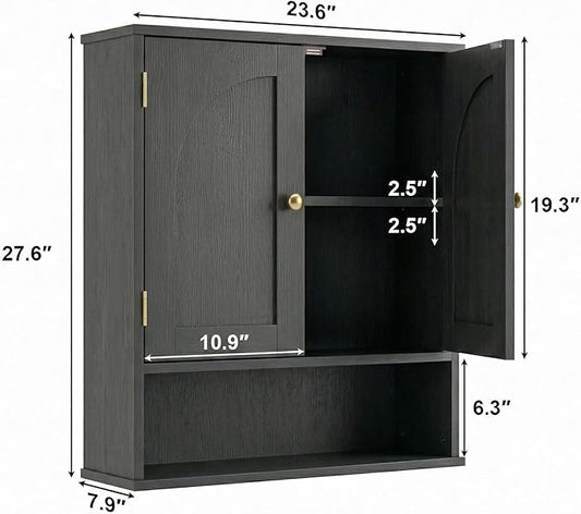 Medicine Cabinet, Over Toilet Storage Cabinet, Bathroom Wall Cabinet with Arched Doors & Adjustable Shelves, Wall Mounted Cabinet with Open Shelf for Bathroom Over Toilet Restroom, Black