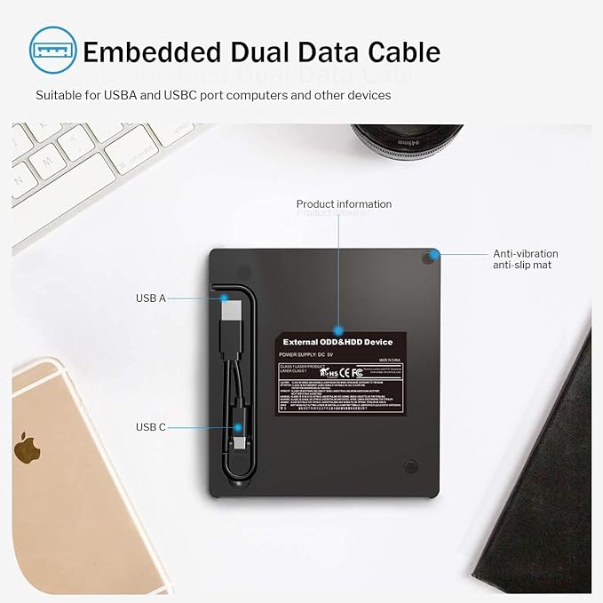 ORIGBELIE External CD DVD Drive, CD/DVD ROM +/-RW Adapter with USB Ports | USB 3.0 Type C Optical Disk Drive CD DVD Player Burner Reader Writer for Laptop PC Desktop Computer Macbook OS Windows Linux