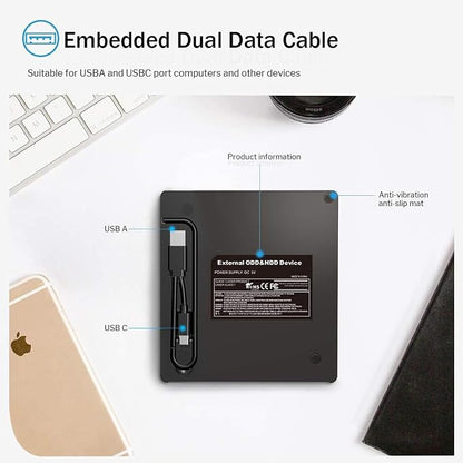 ORIGBELIE External CD DVD Drive, CD/DVD ROM +/-RW Adapter with USB Ports | USB 3.0 Type C Optical Disk Drive CD DVD Player Burner Reader Writer for Laptop PC Desktop Computer Macbook OS Windows Linux