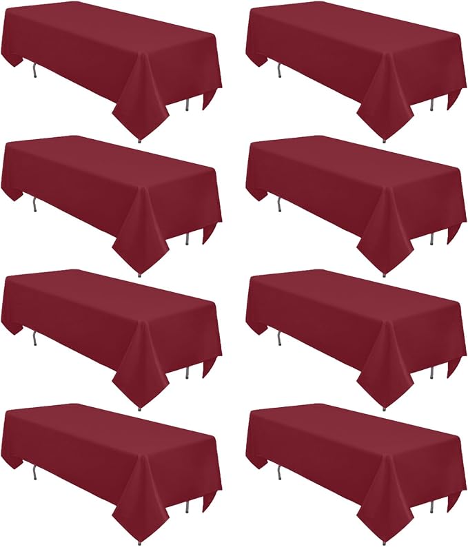 8 Pack Burgundy Tablecloth 60 x 102 Inch Rectangle For 6 Foot Tables | Wrinkle Resistant, Washable Polyester Fabric, Rectangular Table Cloth for Wedding Party Banquet Buffet and Camping