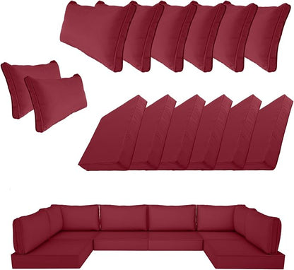 14 Piece Outdoor Patio Cushion Cover Replacement, Waterproof Patio Cushion Covers, Outdoor Furniture Cushion Covers Set for 6 Seat Wicker Rattan Sofa (Wind Red)