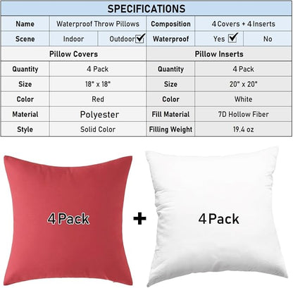 18" x 18" Throw Pillows, Outdoor Waterproof Pillows with Inserts, Square Decorative Pillows for Patio Furniture Garden Couch Sofa Home(Red, Set of 4)