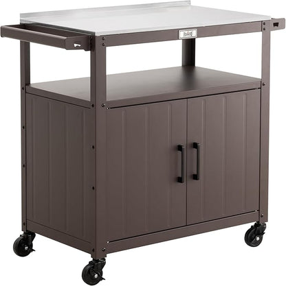 Feasto Outdoor Grill Cart with Stainless Steel Tabletop and Storage Cabinet, Movable Kitchen Island with Wheels for BBQ Food Prep, Brown
