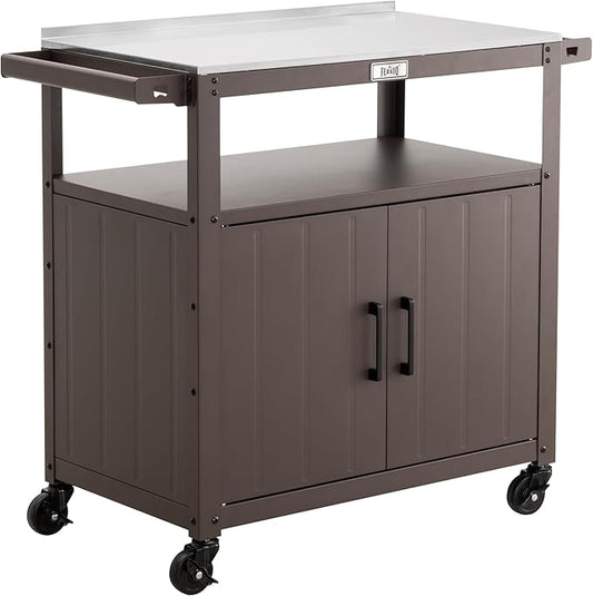 Feasto Outdoor Grill Cart with Stainless Steel Tabletop and Storage Cabinet, Movable Kitchen Island with Wheels for BBQ Food Prep, Brown