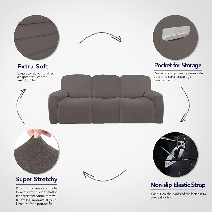 PureFit Super Stretch 3 Seats Recliner Sofa Couch Cover with Pocket | Non Slip Soft Sofa Slipcover, Washable Spandex Reclining Furniture Protector for Kids, Pets (Recliner Sofa, Taupe)