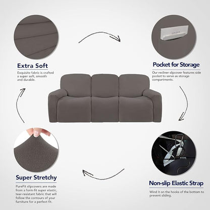 PureFit Super Stretch 3 Seats Recliner Sofa Couch Cover with Pocket | Non Slip Soft Sofa Slipcover, Washable Spandex Reclining Furniture Protector for Kids, Pets (Recliner Sofa, Taupe)