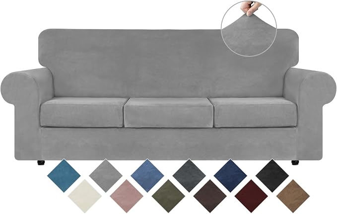 WEERRW 4-Piece Couch Cover for Sofa Velvet Sofa Cover Washable, Silver Grey | Sofa Covers for 3 Cushion Couch Furniture Protector Sofa Slipcovers with Non Slip Elastic Bottom, Pet Friendly, Large