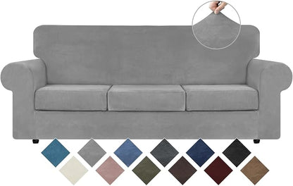 WEERRW 4-Piece Couch Cover for Sofa Velvet Sofa Cover Washable, Silver Grey | Sofa Covers for 3 Cushion Couch Furniture Protector Sofa Slipcovers with Non Slip Elastic Bottom, Pet Friendly, Large