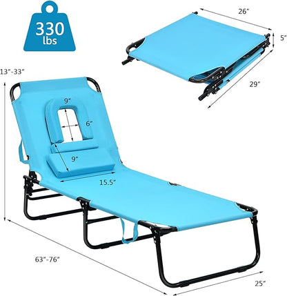 Folding Beach Lounge Chair w/ 5 Adjutable Backrest & Padded Pillow, Sunbathing Lounger Chair, Sun Tanning Lay Flat Chair for Seaside Pool Deck, Max Load 330 LBS, No Assembly Required (Navy)