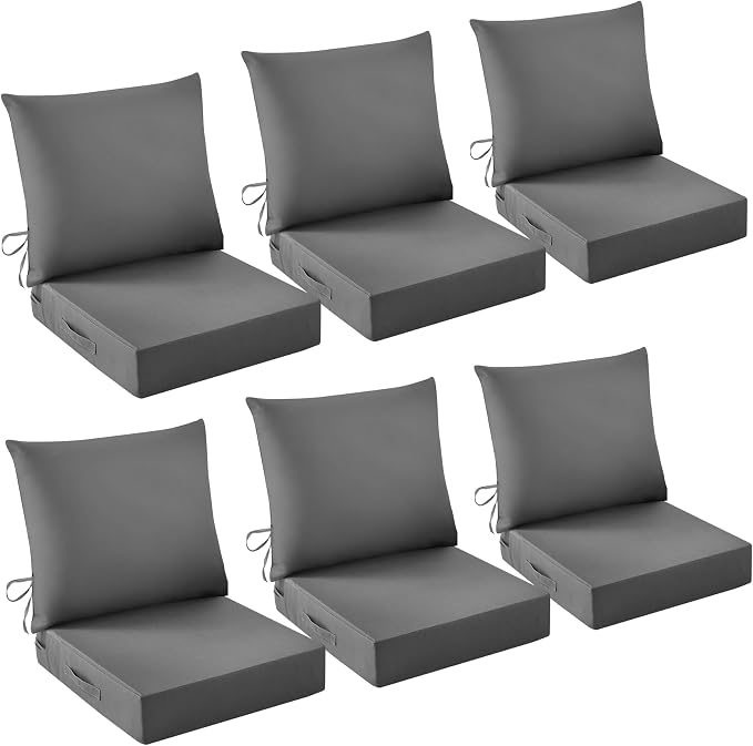 Outdoor Chair Cushions, 24 x 24 Inch Outdoor Cushion for Patio Furniture, Patio Chair Cushion, Waterproof & Fade Resistant Deep Patio Furniture Cushions Set with Handle and Ties, Dark Grey (Set of 6)