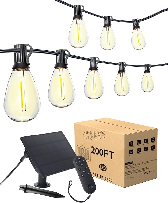 200FT Solar String Lights Outdoor Waterproof, 70LED S11 E12 Bulbs, Remote Control, Dimmable Timer, 3 Modes, Solar Powered Outdoor Patio Lights for Backyard Deck Garden Hanging Use