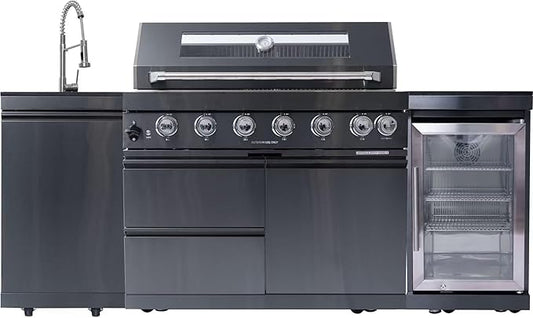 82" Outdoor Kitchen Island with 6 Burner Grill, Sink & Beverage Fridge, 85,000 BTU BBQ Grill Station for Backyard Entertaining, 304 Stainless Steel Patio Cooking Island,Black