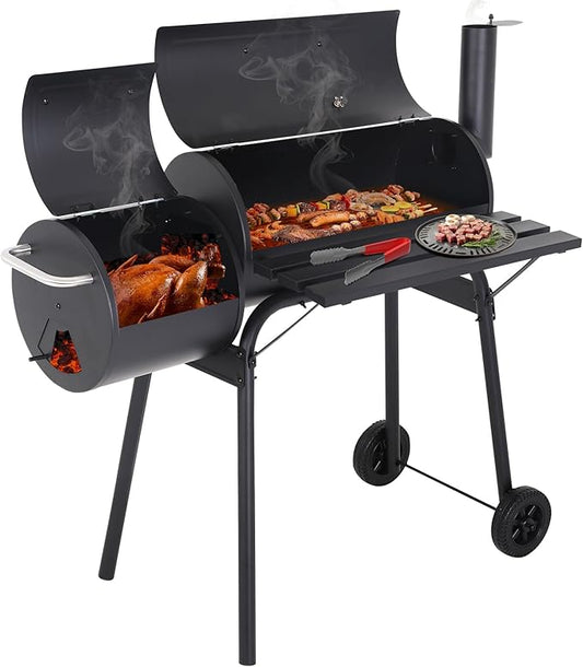 Charcoal Grill Outdoor BBQ Grill 43 Inch Portable Camping Grills with Offset Smoker & Pulleys for Picnics Parties Patio,Black