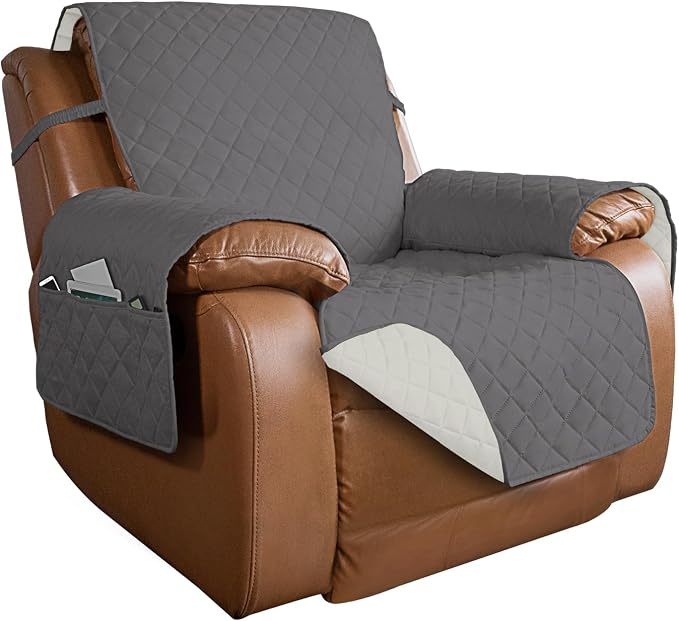 PureFit Reversible Recliner Chair Covers Couch Covers for Dogs, 28 in | Gray/Ivory, Water Resistant Couch Protector, Washable Pet Couch Cover with Non Slip and Elastic Straps For Kids