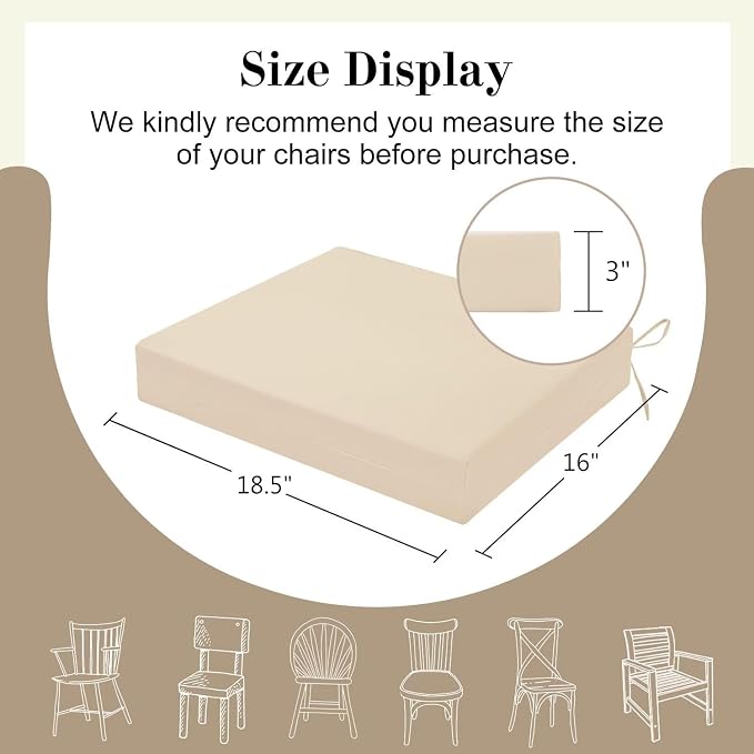 Cozyide Outdoor Chair Cushions, Waterproof Patio Seat Cushions with Adjustable Straps, Square Corner Patio Chair Cushions for Garden, Beige, 18.5x16x3 Inch (Pack of 4)