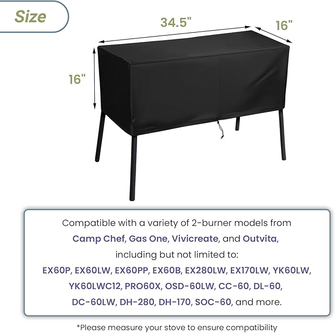 Patio Cover for Camp Chef 2 Burner Stove - Outdoor Grill Stove Protector Fit Camp Chef, Gas One, Vivicreate, Outvita Models EX60P, EX60LW, CC-60, DL-60, PRO60X, 34.5" L x 16" W x 16" H (For 2 Burner)