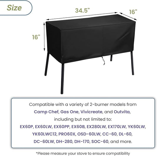 Patio Cover for Camp Chef 2 Burner Stove - Outdoor Grill Stove Protector Fit Camp Chef, Gas One, Vivicreate, Outvita Models EX60P, EX60LW, CC-60, DL-60, PRO60X, 34.5" L x 16" W x 16" H (For 2 Burner)