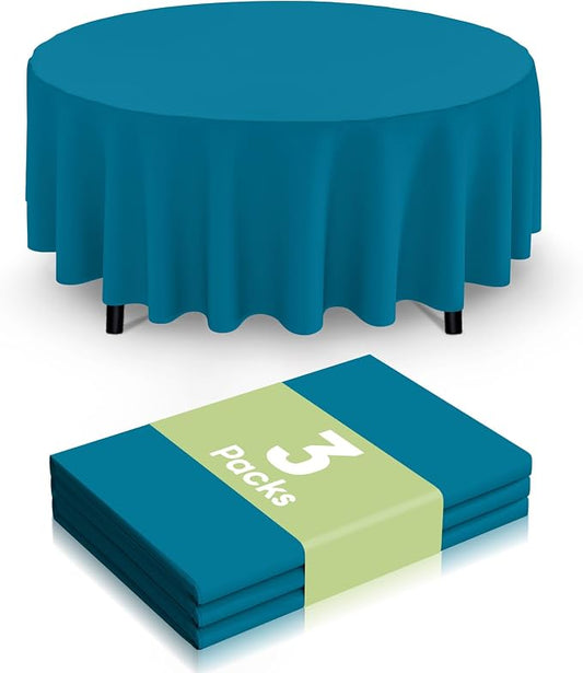Smiry Disposable Table Cloth 3 Pack, 84 Inch Round Waterproof Plastic Tablecloth, Decorative Round Table Covers for Party, Birthday, Picnic, Aqua