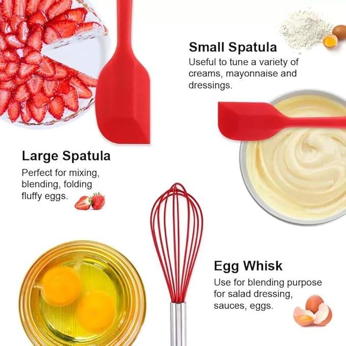 5-Piece Silicone Spatula Set with Egg Whisk & Basting Brush – Heat Resistant, Non-Stick, BPA-Free Kitchen Utensils for Cooking, Baking & Grilling – Dishwasher Safe – (Red, Black, Green, Pink) (Red)